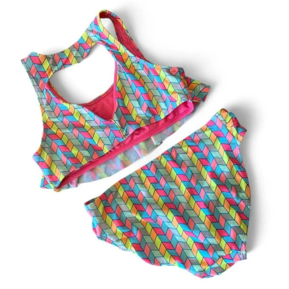 SO Girls Size 12 Large Geometric Bikini Set Pink Blue Yellow Swim New